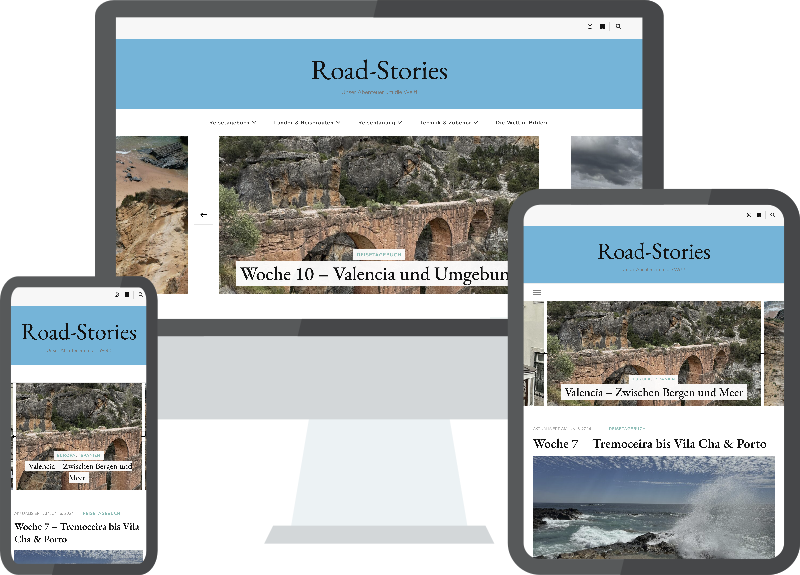 Das Bild zeigt die Website road-stories.at auf verschiedenen Bildschirmgrößen